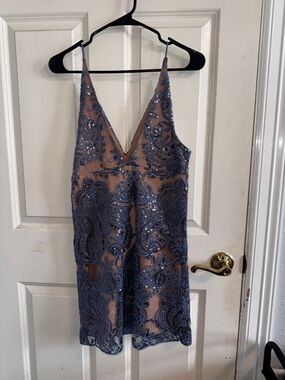 Free People Blue Sequin Lace V-Neck Mini Dress